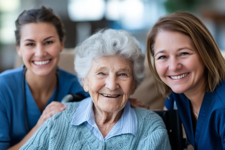 Seniors and caregivers discussing differences between home care, home health, and hospice services