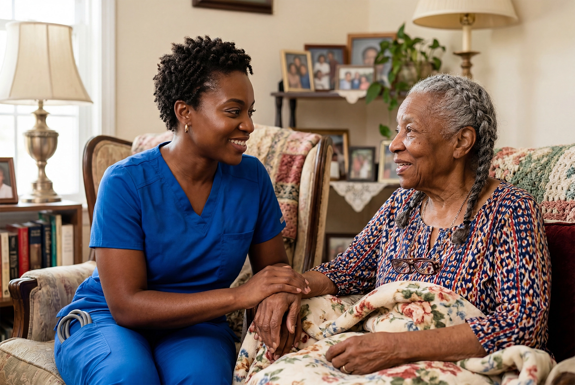 Compassionate home health caregiver providing in-home support and companionship to elderly patient