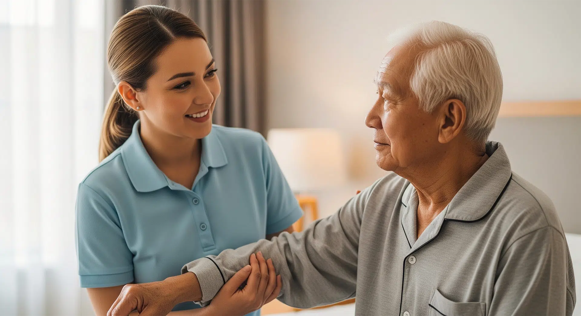 Caregiver providing in-home care and companionship to an elderly man at home, supporting independence and daily living