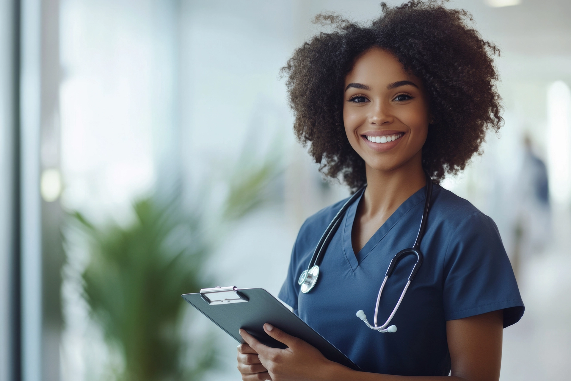 Home health aide holding a clipboard and smiling ready to help with senior care at home